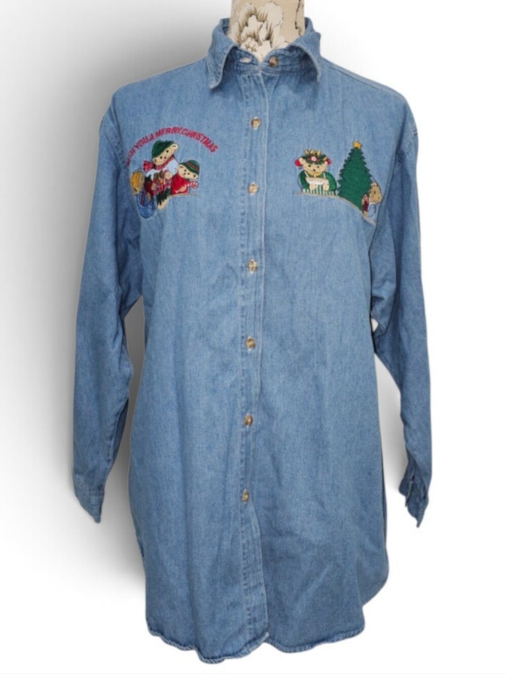 Vintage Quizz Denim Holiday Button-Up Shirt - Light Blue, Size Large